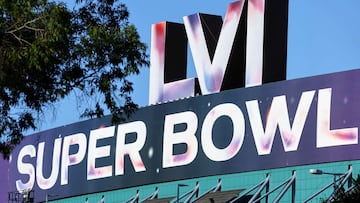 LOS ANGELES, CALIFORNIA - FEBRUARY 11: The Super Bowl LVI logo is displayed on the Los Angeles Convention Center, site of the Super Bowl Experience, the NFL's 'interactive football theme park', ahead of Super Bowl LVI on February 11, 2022 i